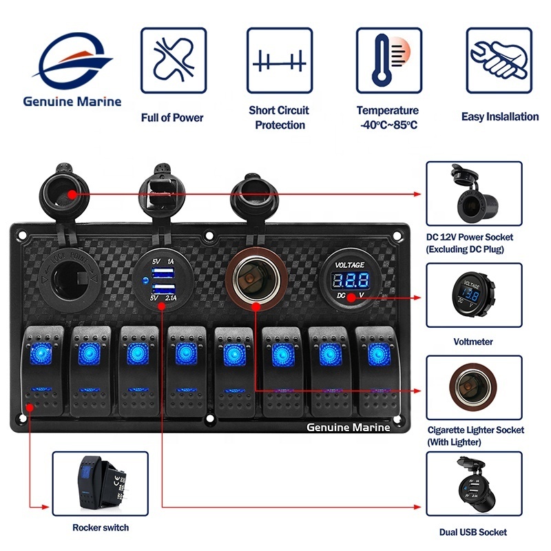 Genuine Marine Boat Rocker Switch Panel Waterproof ON Off Toggle Switches with Digital Voltage Display Dual USB Power Charge