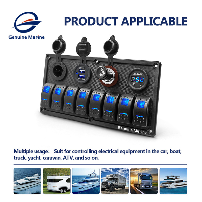 Genuine Marine Waterproof 12V 24v ON/Off Pre-Wired Toggle 8 Gang Mount Rocker Boat Marine Control ABS Switch Panel