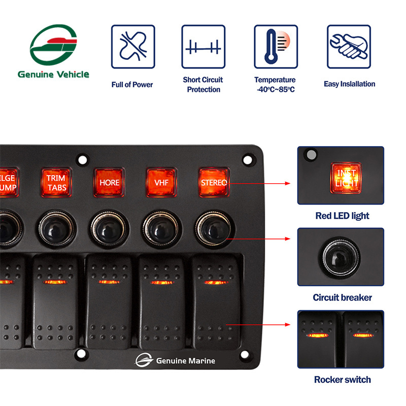 8 Gang RV Boat Waterproof Rocker Switch Panel With Circuit Breaker Fuse For Car Vehicle