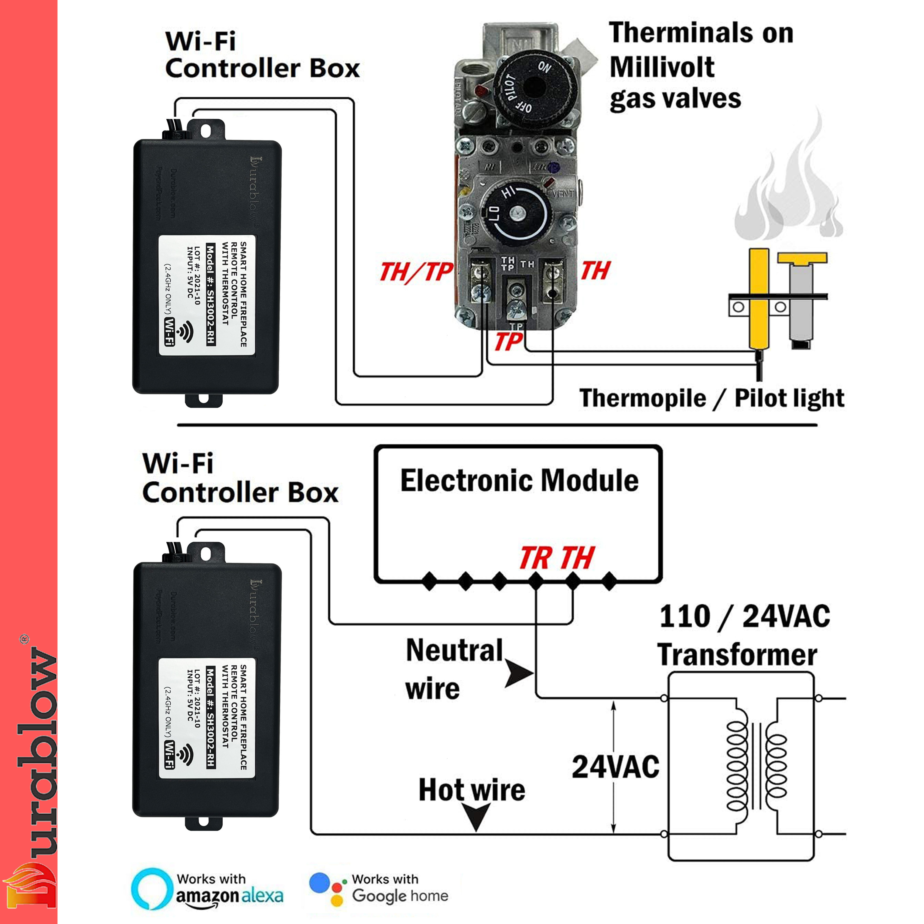 The New Listing Durablow WiFi Gas Fireplace Remote Switch For Millivolt Valve Compatible With Alexa Google Home