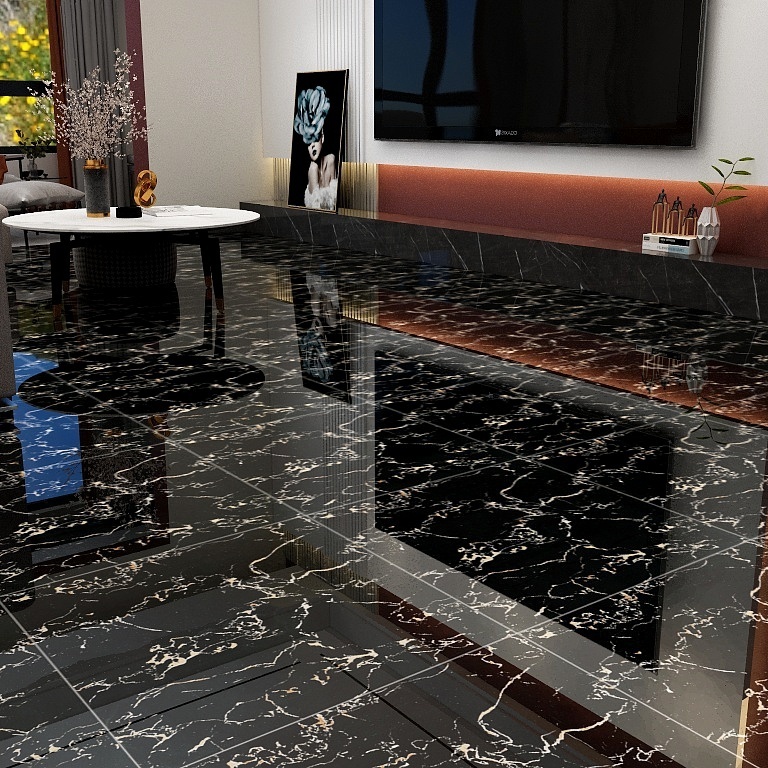 Latest Design Ceramic 60x60 Glossy Black Marble Floor Teil Black And Gold Tiles