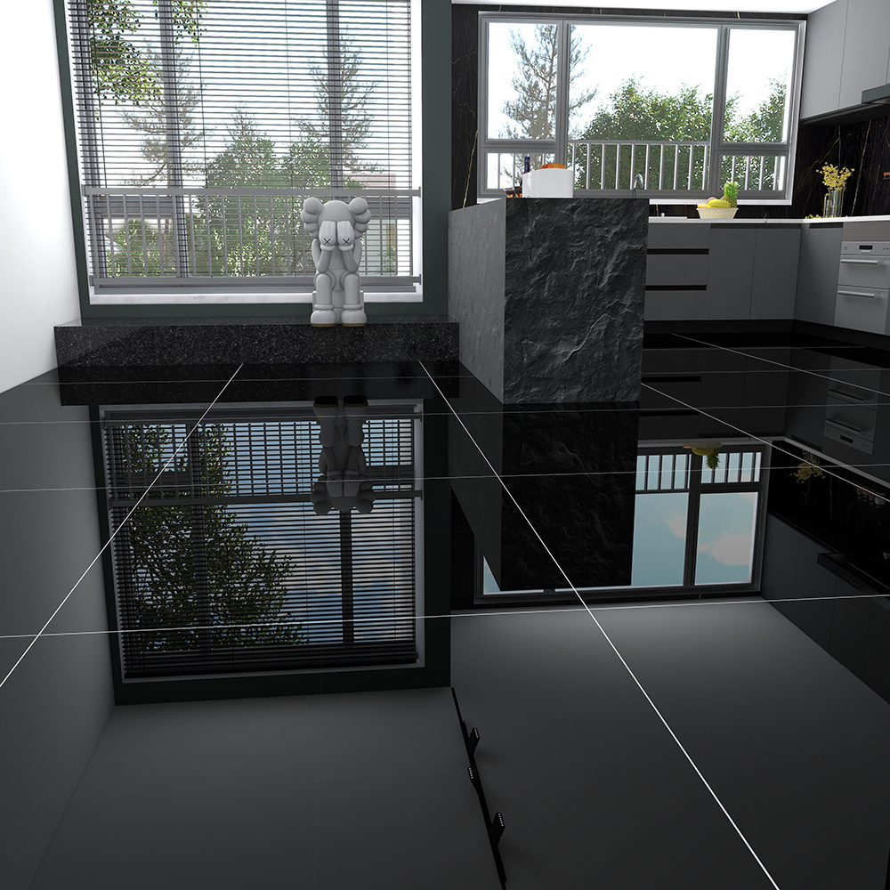 Glossy Dark Black Polished Ceramic Porcelain Floor Tile 600x600