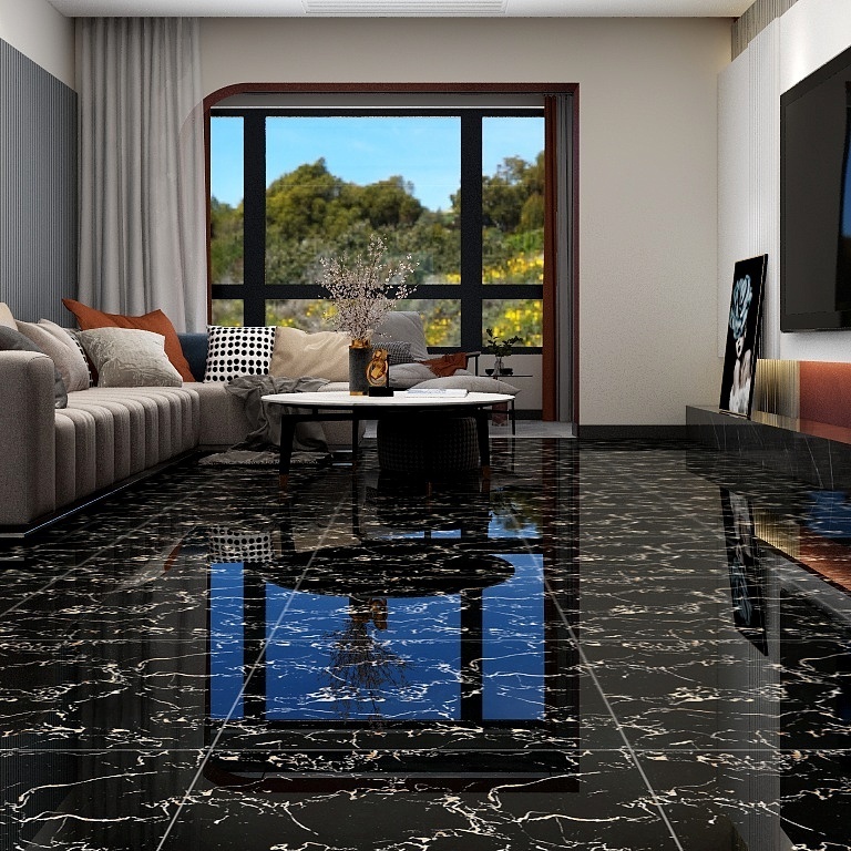 Latest Design Ceramic 60x60 Glossy Black Marble Floor Teil Black And Gold Tiles