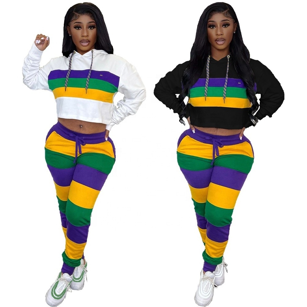 2024 new adult mardi gras day short sleeves shirts and pants 2pc set green yellow and purple apparel for women