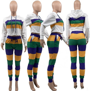 2024 new adult mardi gras day short sleeves shirts and pants 2pc set green yellow and purple apparel for women