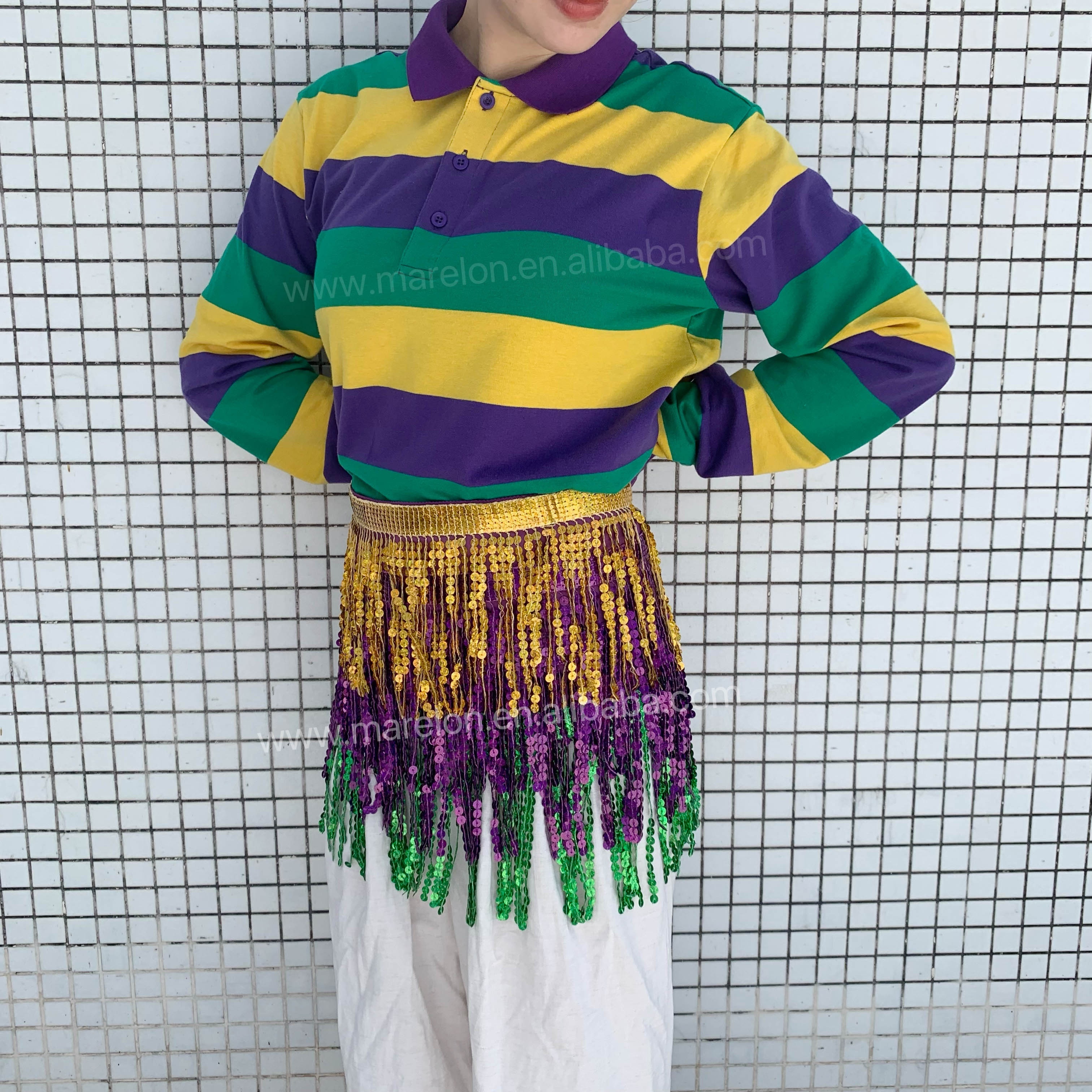 New Orleans 2024  Carnival Adult Clothes Long Sleeves Striped Polo Shirt Men's Wear Outfit Custom T-Shirts Mardi Gras Apparel