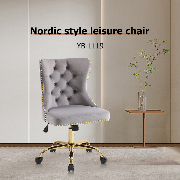 Modern Gray Velvet Swivel Chair for Home Office with Gold Base