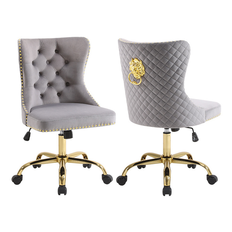 Modern Gray Velvet Swivel Chair for Home Office with Gold Base