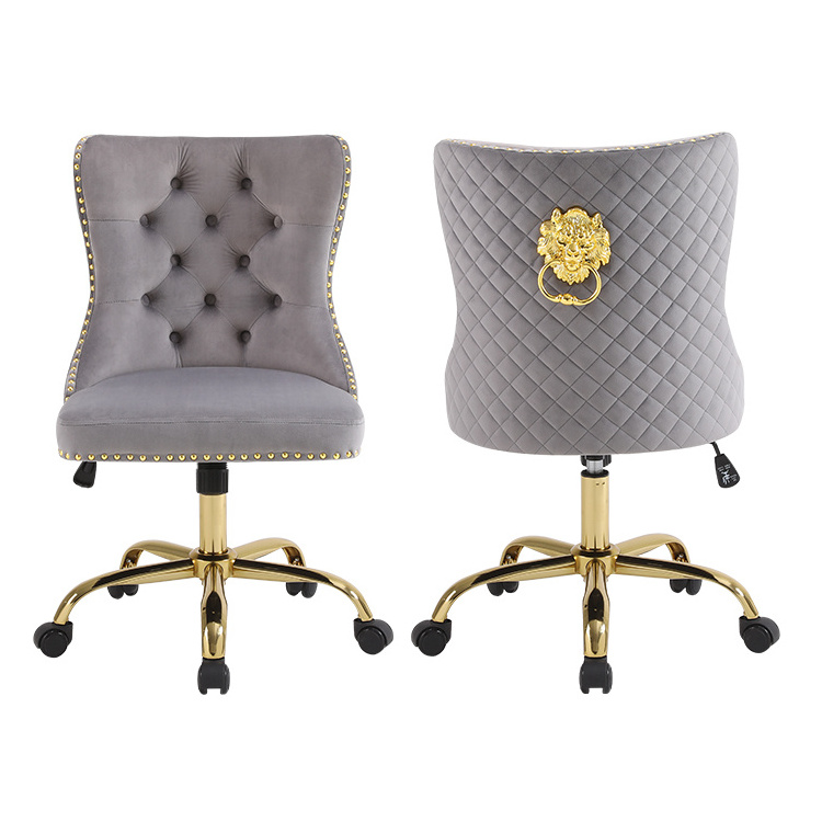 Elegant Gray Velvet Chair with Lion Head Back and Gold Base