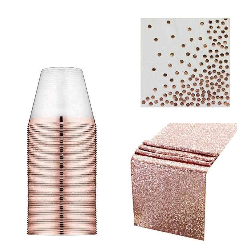 2021 Eco-friendly Home Garden 9oz Disposable Tablecloth Rose Gold Lace Tableware Sets Gold Disposable Plastic Cups