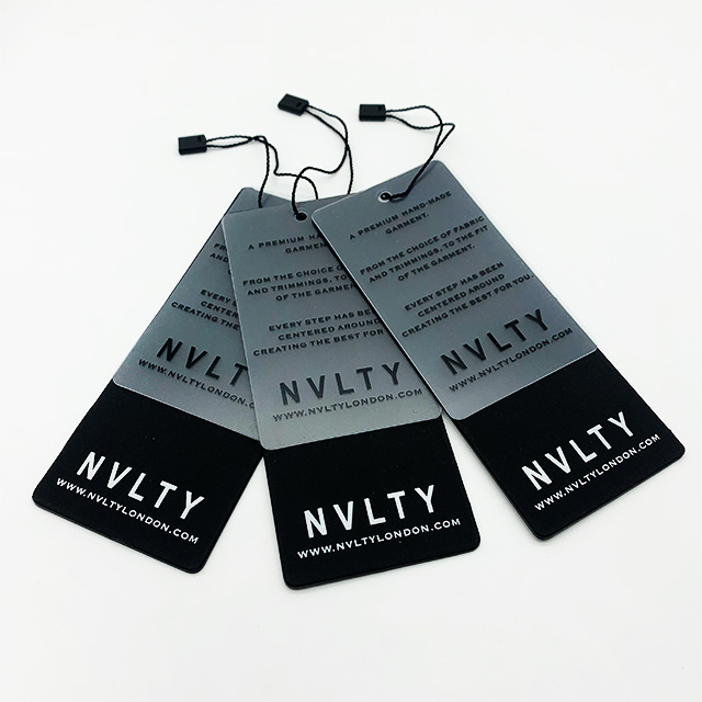 Garment printing clear  pvc plastic hang tag  printing black paper clothing hang tag with Customer logo