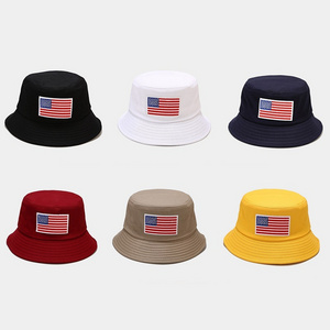 designer outdoor Travel Flat Top Wide Brim 100 Polyester embroidered American flag hat custom cotton plain bucket hat for women