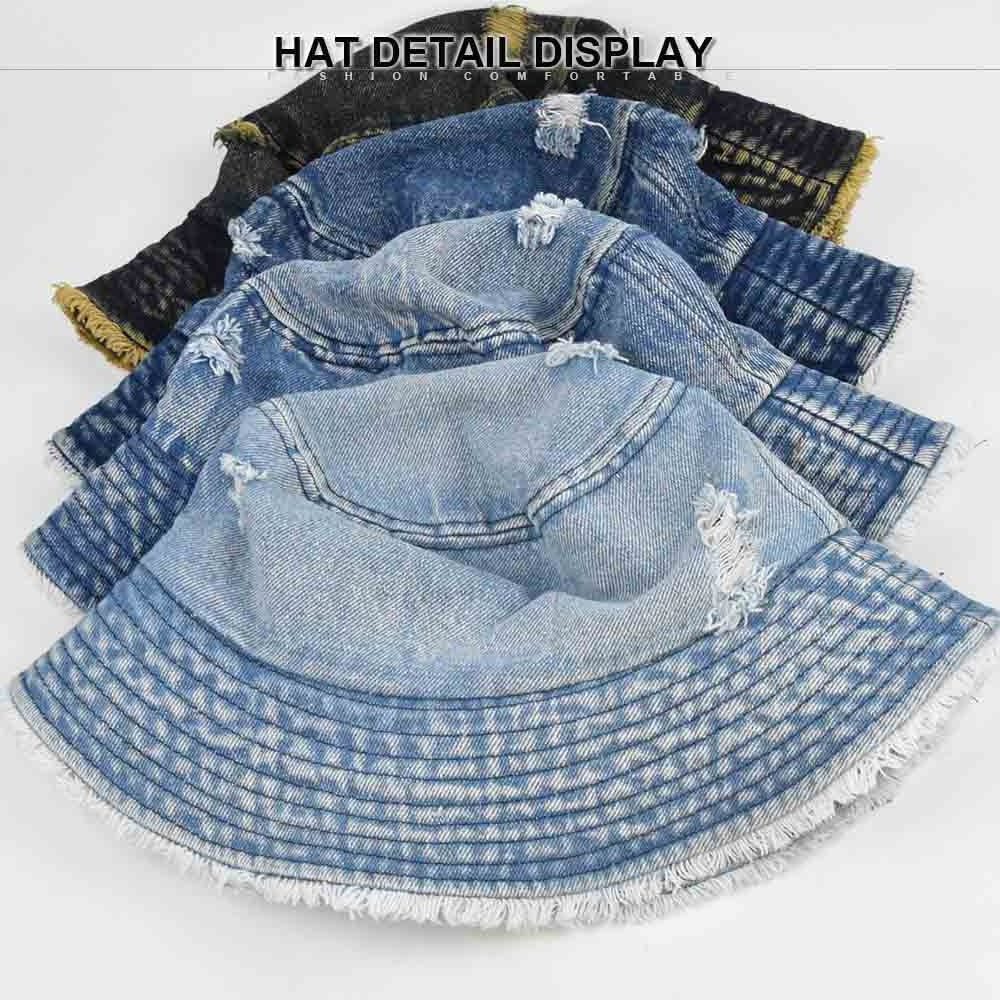 2024 new Resort Vacation Distressed Cotton jeans blank Hat Traveling Fashion Women Stylish Sun jean Denim Bucket has for women