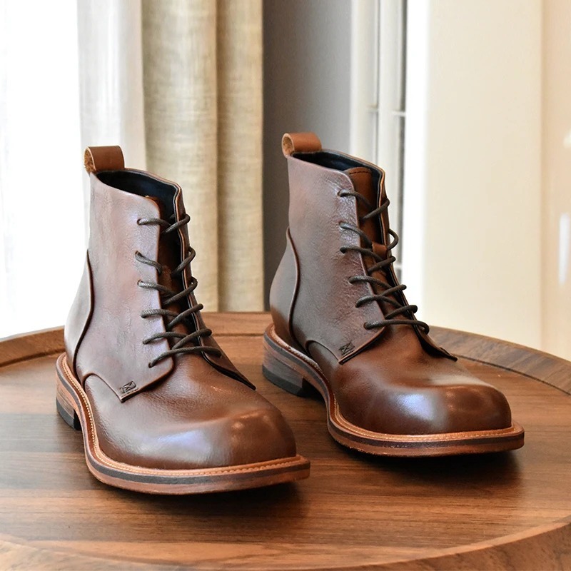 Business Man Shinny Brown Round Toe Lace-up Riding Boots Cowhide Ankle Top Layer Cowhide Dress Formal Shoes