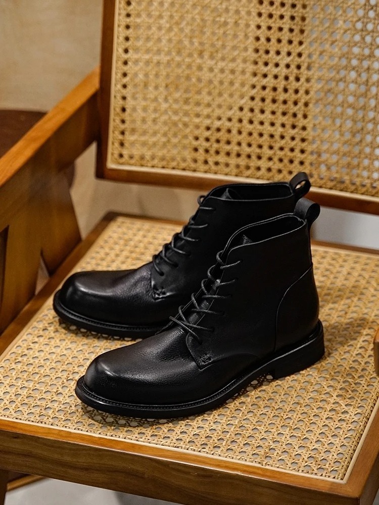 Business Man Shinny Brown Round Toe Lace-up Riding Boots Cowhide Ankle Top Layer Cowhide Dress Formal Shoes