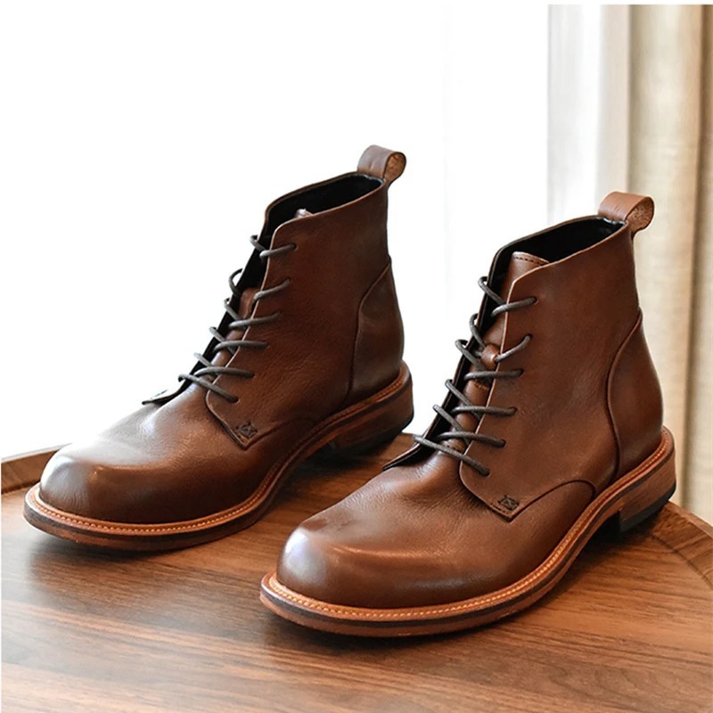 Business Man Shinny Brown Round Toe Lace-up Riding Boots Cowhide Ankle Top Layer Cowhide Dress Formal Shoes