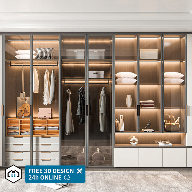 Modern design walk in closet cabinet with drawer and Mirror clothing storage cabinets from Foshan factory