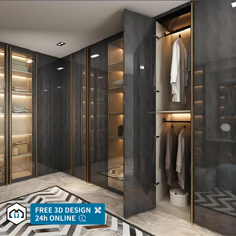 Luxury L Shape Custom Walk In Closet Metal Frame Glass Door Bedroom Storage Wardrobes