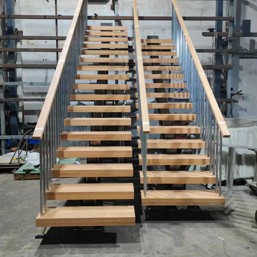 Floating straight stairs central spine stair middle stringer staircase with wood tread and frameless glass railing