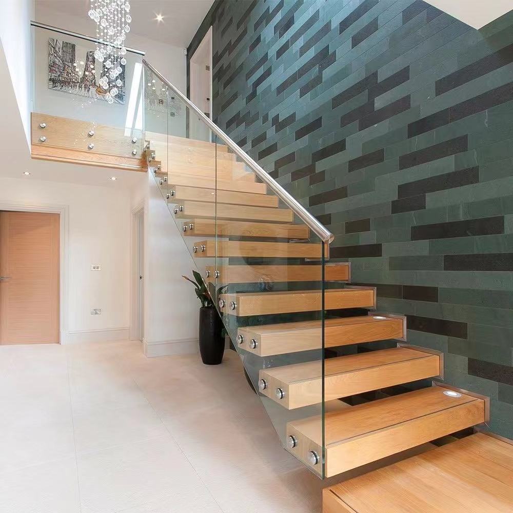 Floating straight stairs central spine stair middle stringer staircase with wood tread and frameless glass railing