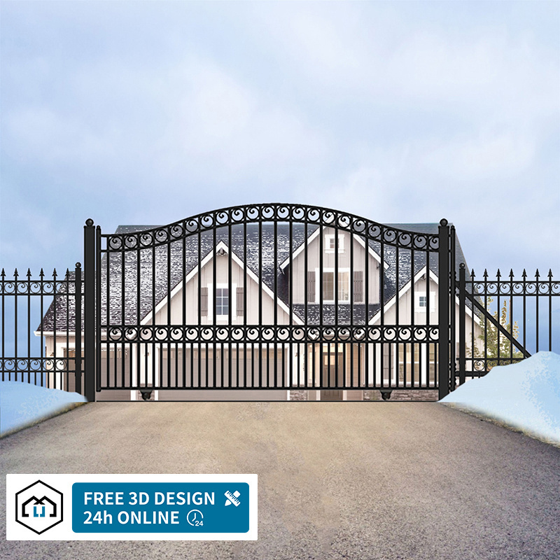 Automatic House luxurious steel fence gates design metal wrought iron double swing driveway gates