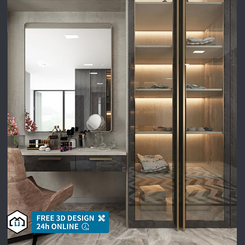 Luxury L Shape Custom Walk In Closet Metal Frame Glass Door Bedroom Storage Wardrobes