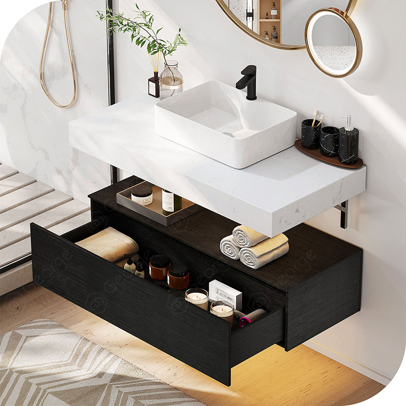 Wall Mounted Solid Surface Solid Wood Double Sink Cabinet Marble Bathroom Vanity