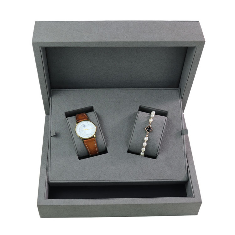 high quality custom logo gray microfiber velvet cover wooden double watch packaging gift box two pillow case factory handmade