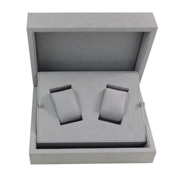 high quality custom logo gray microfiber velvet cover wooden double watch packaging gift box two pillow case factory handmade