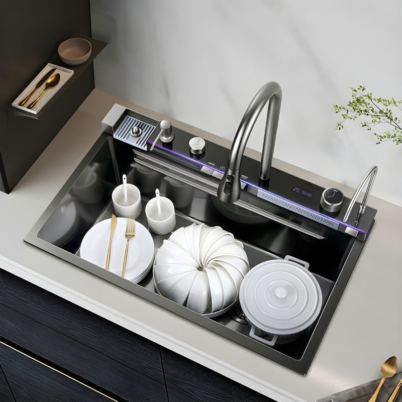 2024 Grey Popular Raining Fall Kitchen Sink with Kitchen Tap Black Piano Key Control Sink Gold Kitchen Sink with Glass Washer