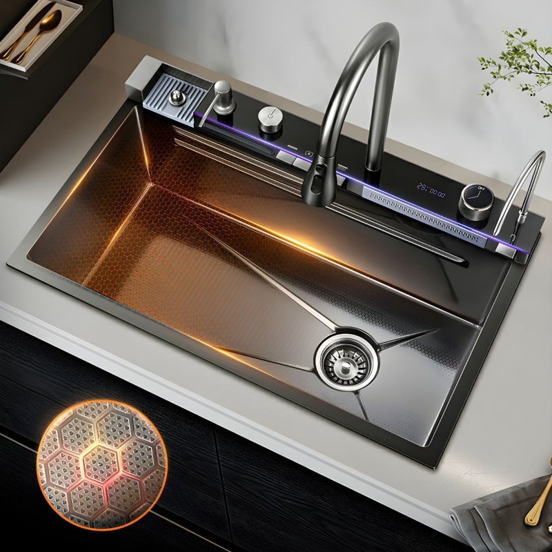 2024 Grey Popular Raining Fall Kitchen Sink with Kitchen Tap Black Piano Key Control Sink Gold Kitchen Sink with Glass Washer