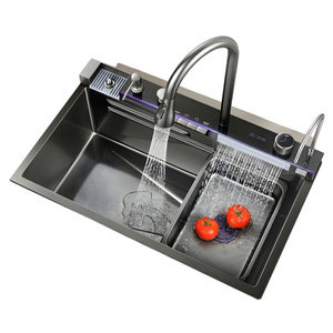 2024 Grey Popular Raining Fall Kitchen Sink with Kitchen Tap Black Piano Key Control Sink Gold Kitchen Sink with Glass Washer