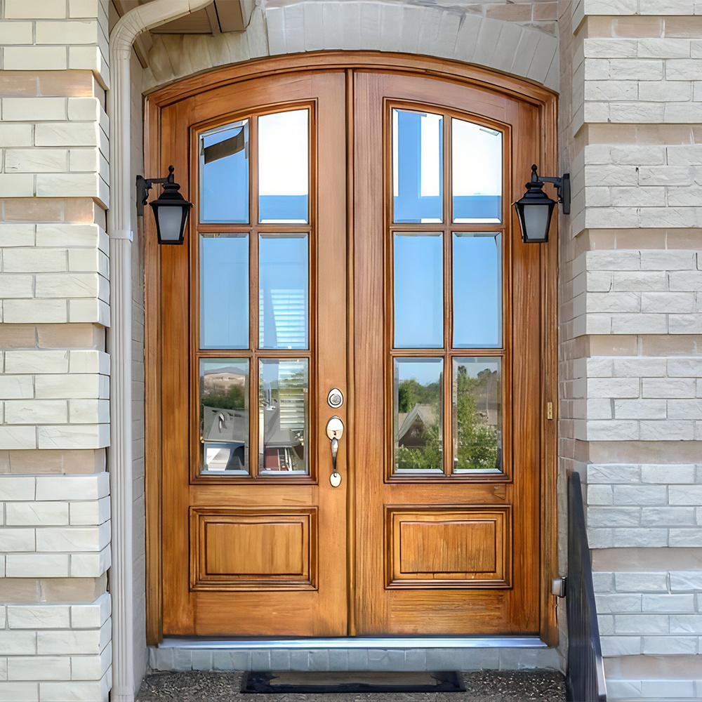 High quality solid wood oak teak wood arched top double part front door with smart lock