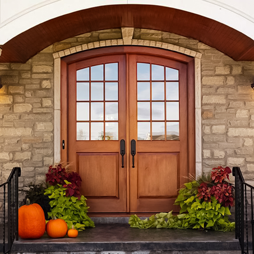 High quality solid wood oak teak wood arched top double part front door with smart lock