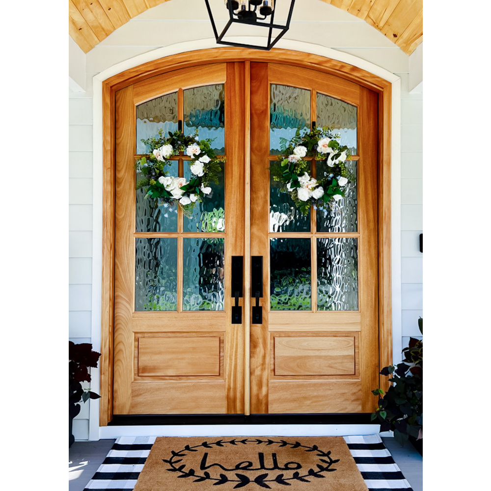 High quality solid wood oak teak wood arched top double part front door with smart lock