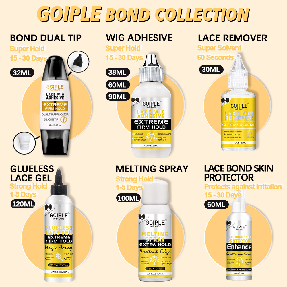 Private Label Strong Hold Hair piece Bonding Adhesive Temporary Liquid Gold Gel Melting Spray for Wig Front No Latex Lace Glue