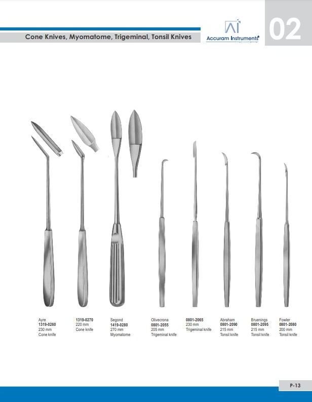 Cone Knives, Myomatome Trieminal and Tonsil Knives Gynecological Knives