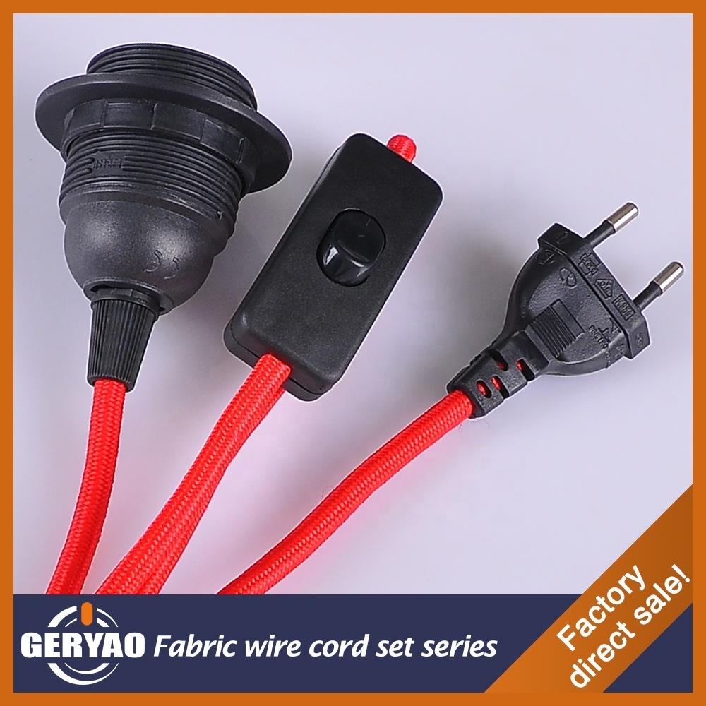 Coloured cloth covered electrical wire with plug, on off switch, E27 lamp socket