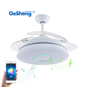 Modern white invisible retractable blades AC motor wifi tuya app remote control smart RGB ceiling fan light with music speaker