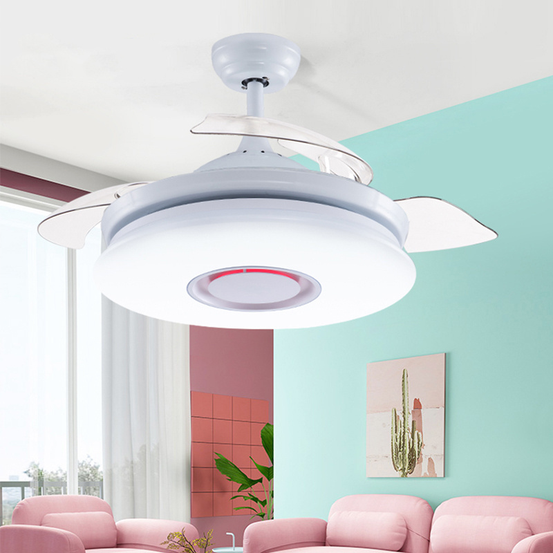 Modern white invisible retractable blades AC motor wifi tuya app remote control smart RGB ceiling fan light with music speaker