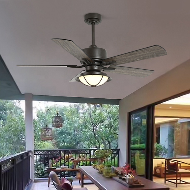 Modern Style waterproof IP44 outdoor fan lamp 5 plywood blades dc bldc ceiling fans with led lights remote control