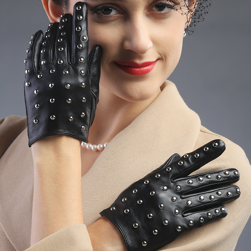 Fashion outdoor riding women smartphone ladies party opera rivet real leather gloves spike