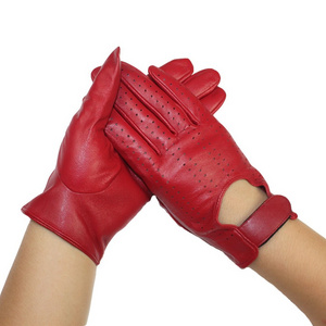 Fashion hole thin touch sexy lady dress genuine red leather gloves women