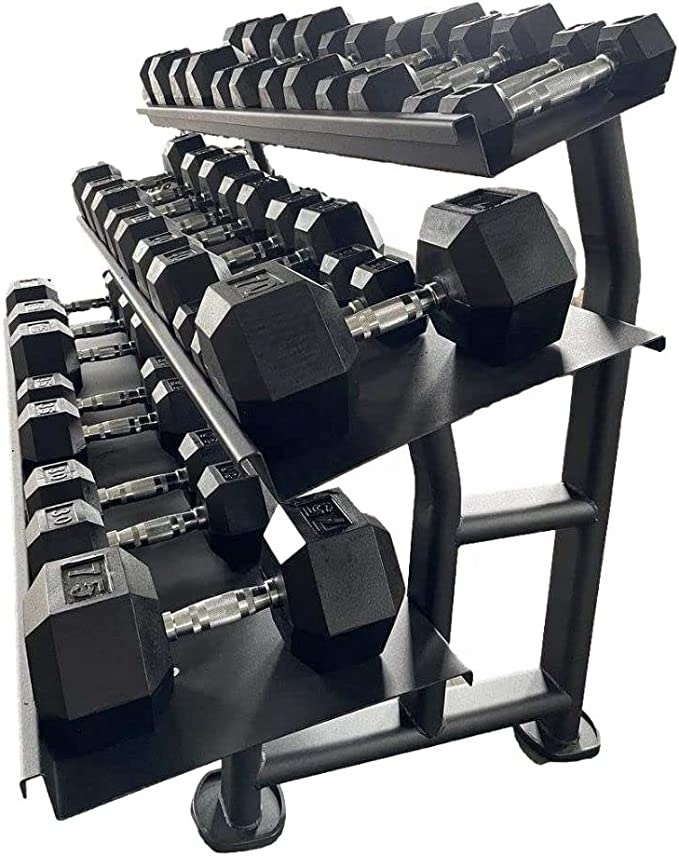 Barbell Dumbbell Storage 3 Tiers Dumbbell Rack 15 Pairs Rubber Hex Dumbbell Set with rack