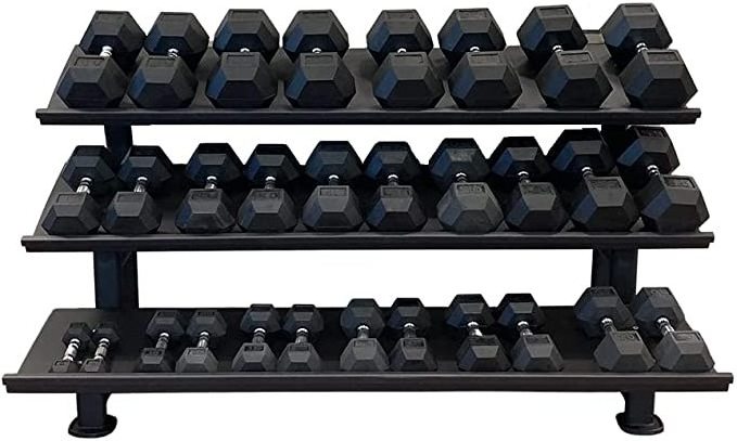 Barbell Dumbbell Storage 3 Tiers Dumbbell Rack 15 Pairs Rubber Hex Dumbbell Set with rack