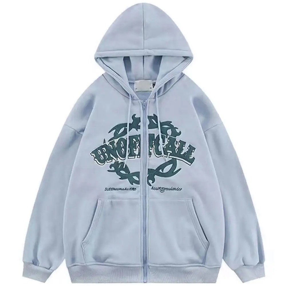 2024 New style Flocking Embroidery Zipper Puff Printed Hoodies Street Casual  Zip-up Sweatshirt Loose Thickening Hoodie