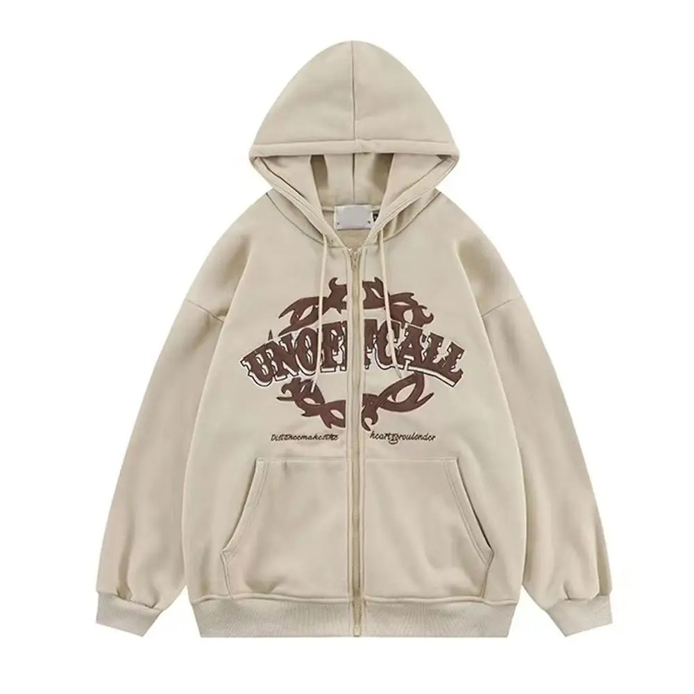 2024 New style Flocking Embroidery Zipper Puff Printed Hoodies Street Casual  Zip-up Sweatshirt Loose Thickening Hoodie