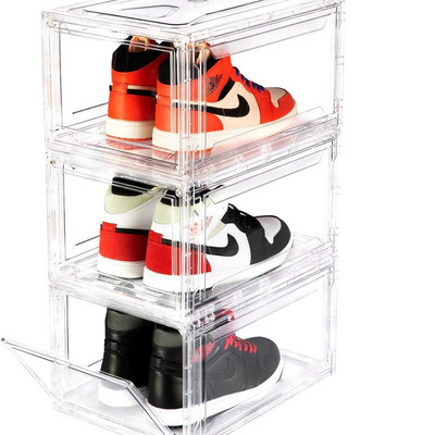 Transparent PET Plastic Stackable MAGNETIC Shoe Storage Box Sneaker Organizer Bins Display Organizer Shoe Box