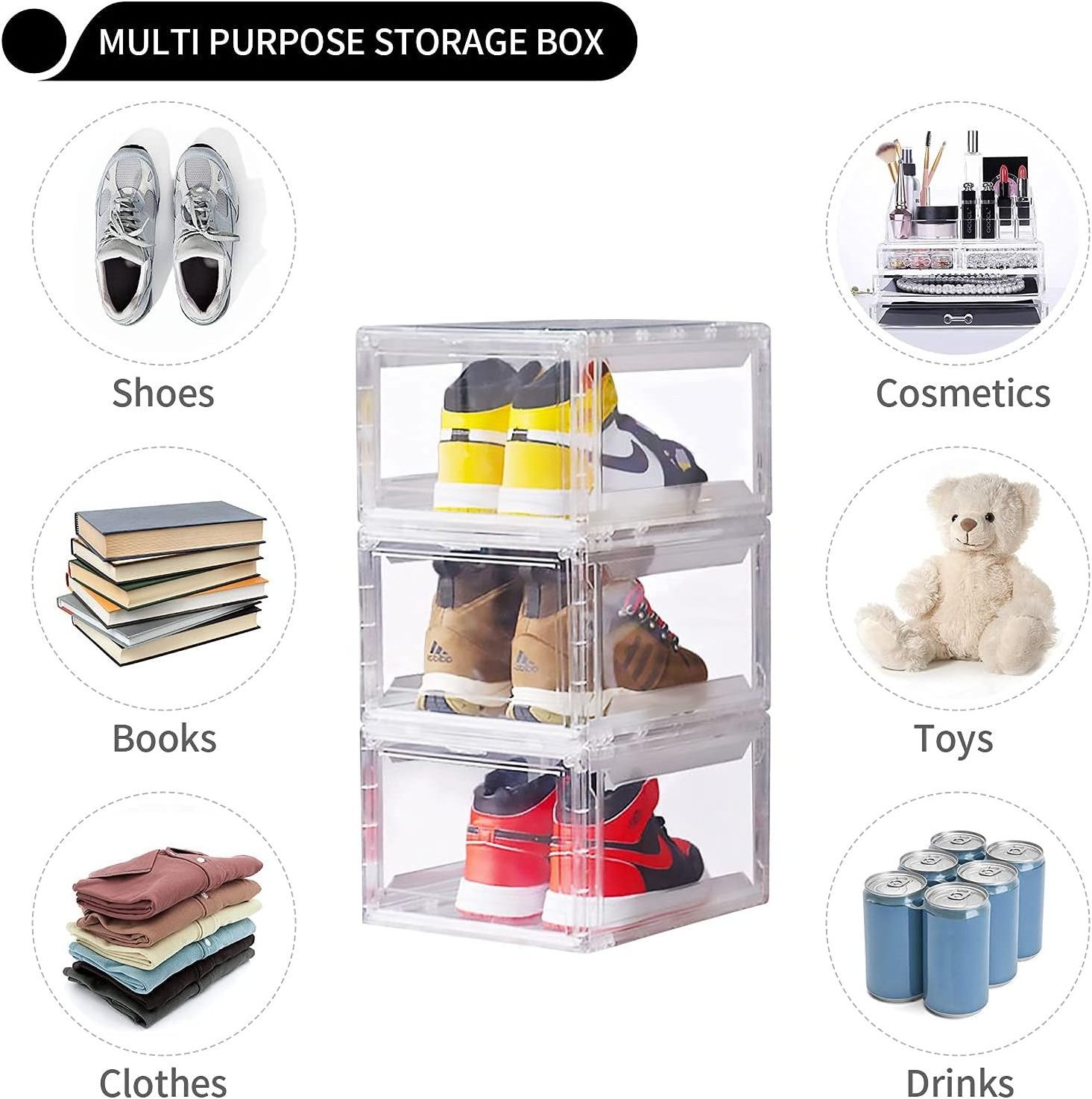 Transparent PET Plastic Stackable MAGNETIC Shoe Storage Box Sneaker Organizer Bins Display Organizer Shoe Box