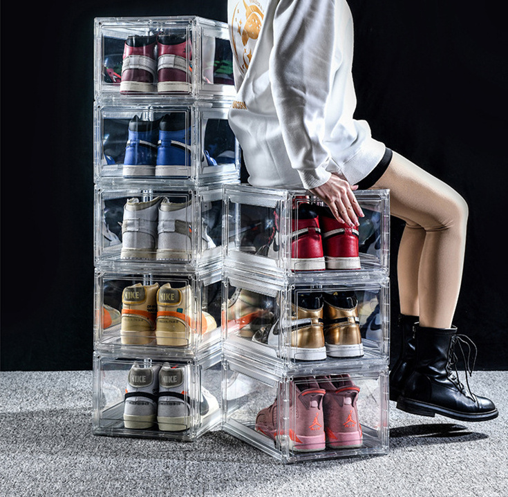 Wholesale Transparent Plastic Sneaker Stackable Shoe Storage Boxes Drop Front Magnetic Clear Shoe Box